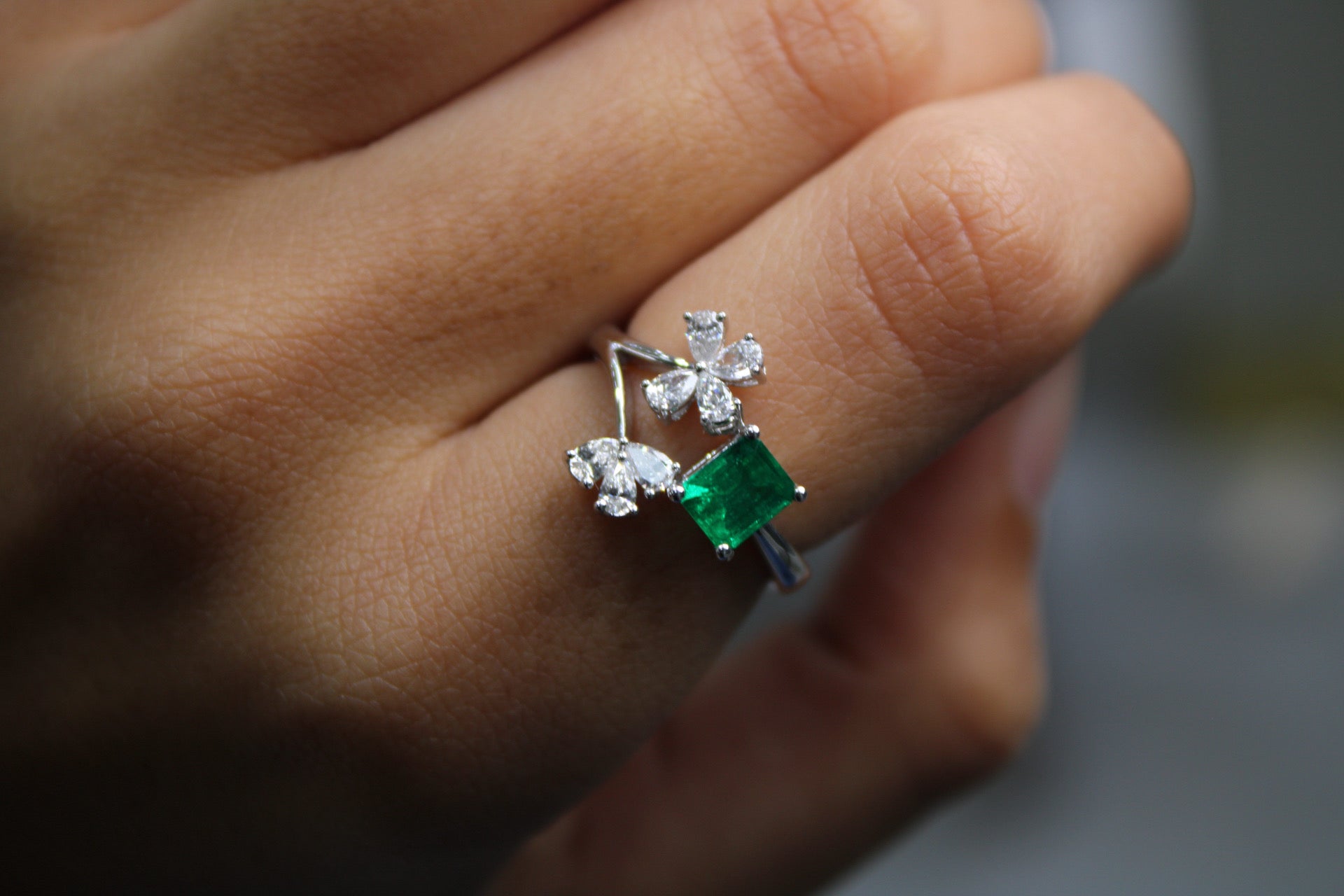 Teardrop Diamond and Emerald Ring